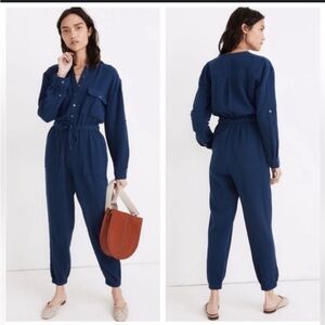 Madewell Jumpsuit - navy “light-spun tapered leg” button front long sleeve